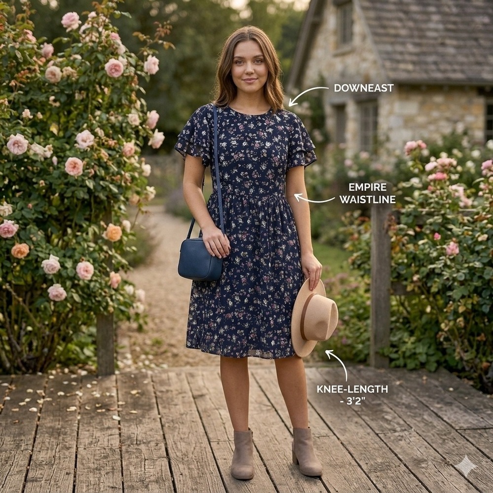 Downeast Navy Floral Flutter Sleeve Babydoll modest Mini Dress Womens Medium USA